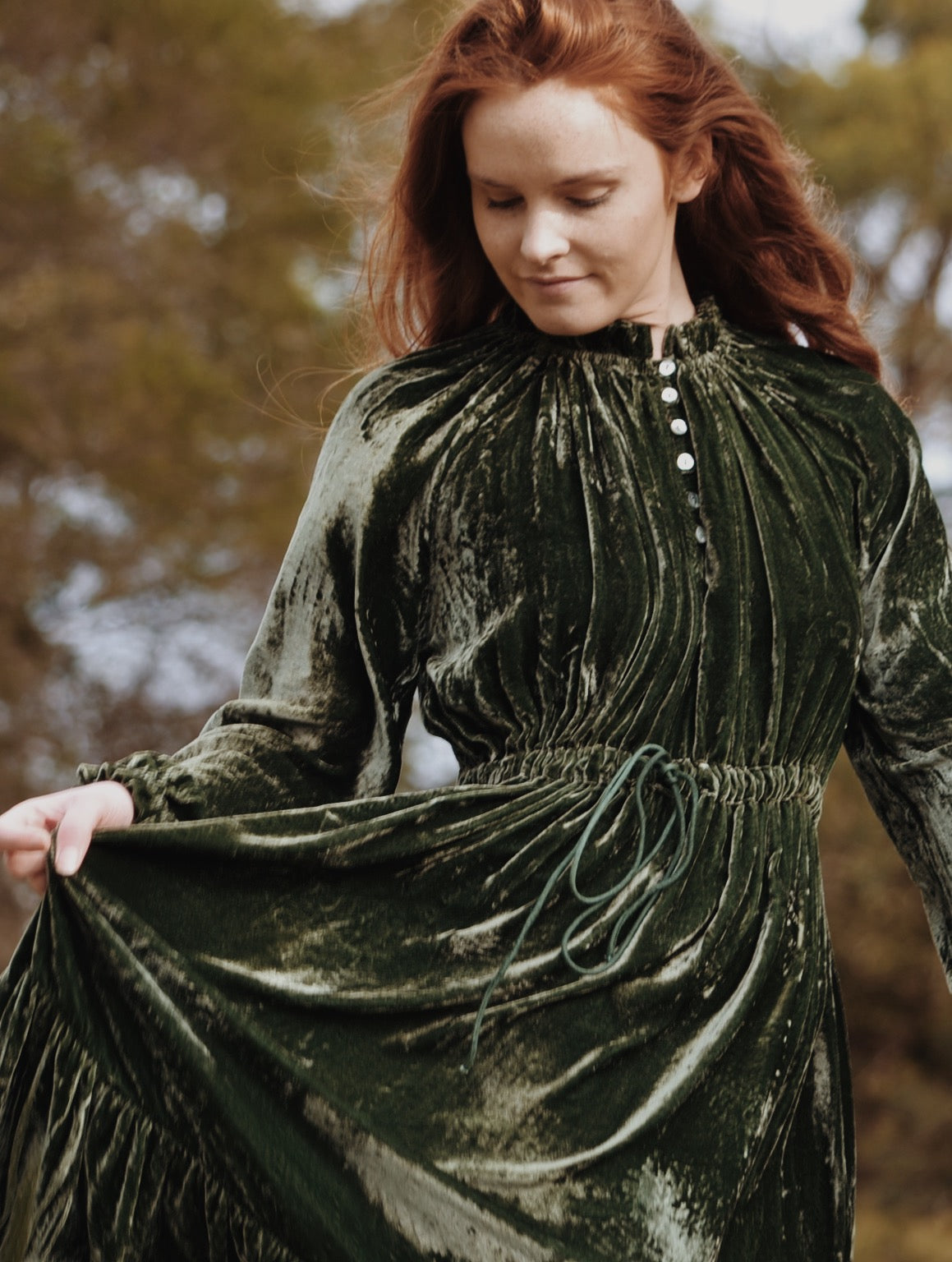 PRAIRIE SILK VELVET DRESS FOREST GREEN