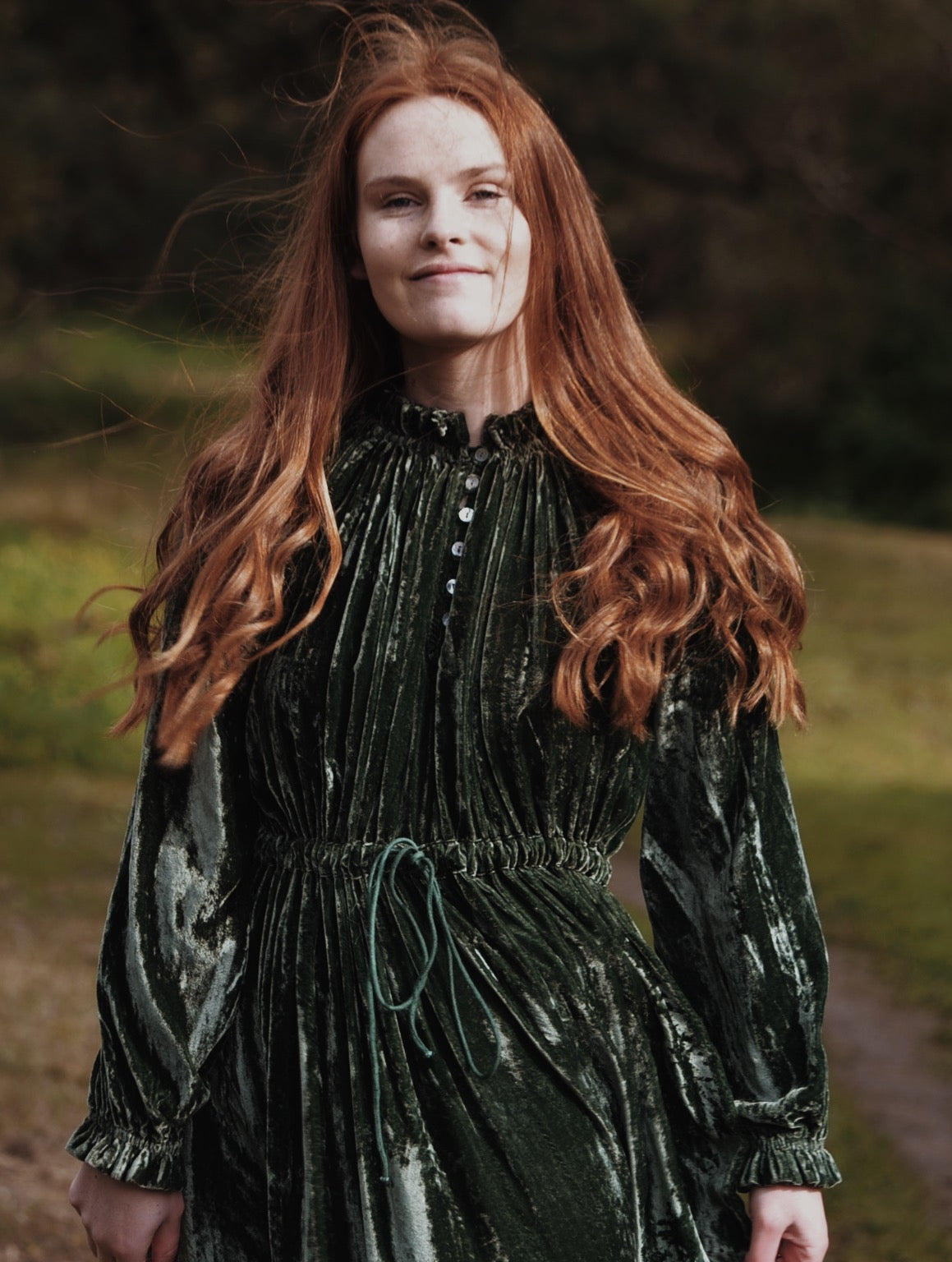 PRAIRIE SILK VELVET DRESS FOREST GREEN