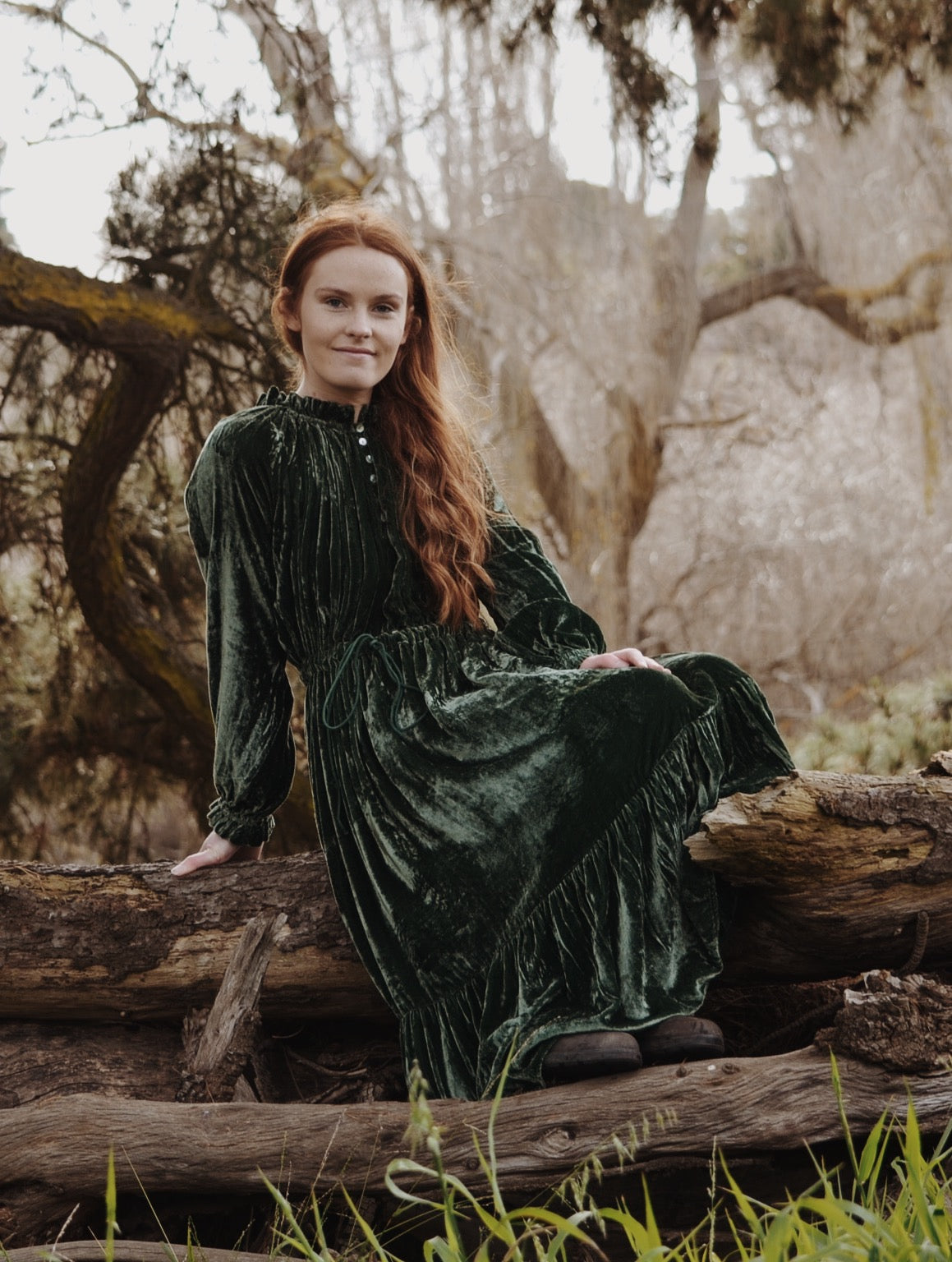 PRAIRIE SILK VELVET DRESS FOREST GREEN