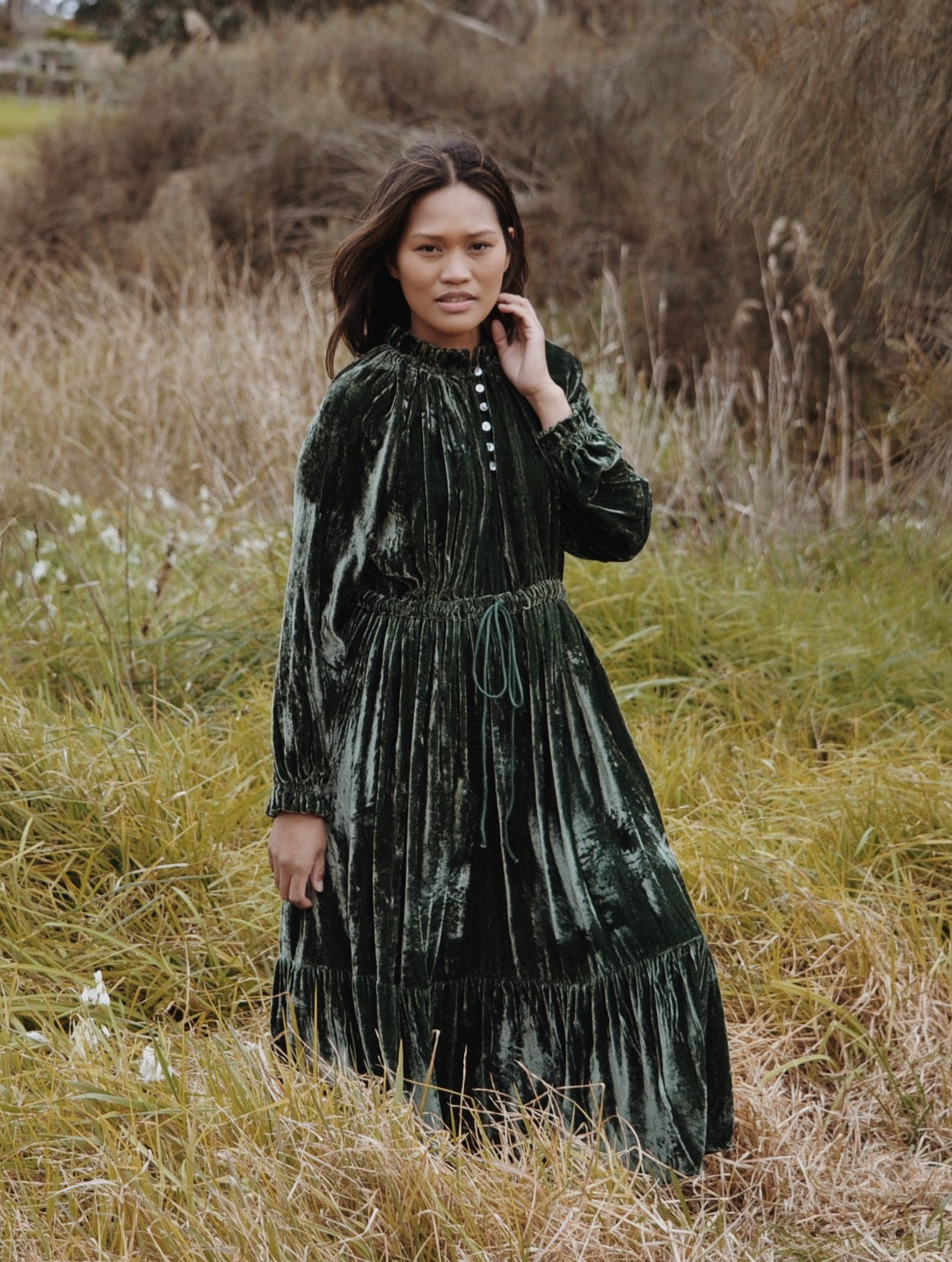 PRAIRIE SILK VELVET DRESS FOREST GREEN