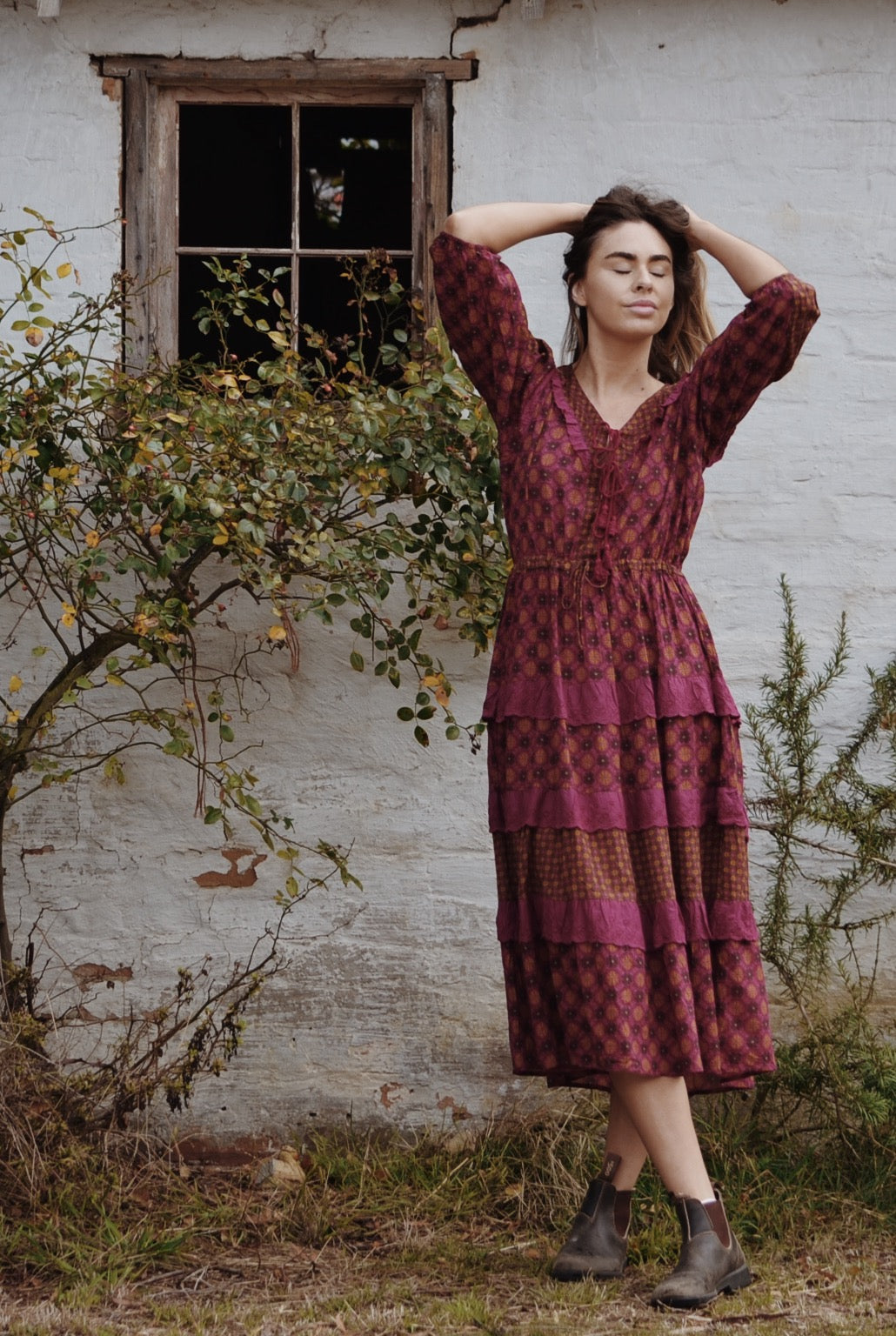 THEA PLUM & MUSTARD FLORAL GEOMETRIC PRINT DRESS