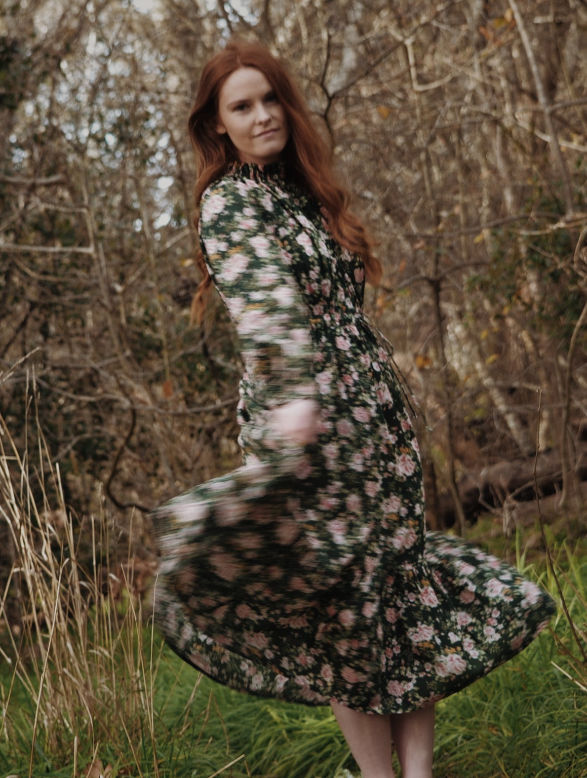 PRAIRIE ROSE FLORAL FOREST GREEN DRESS