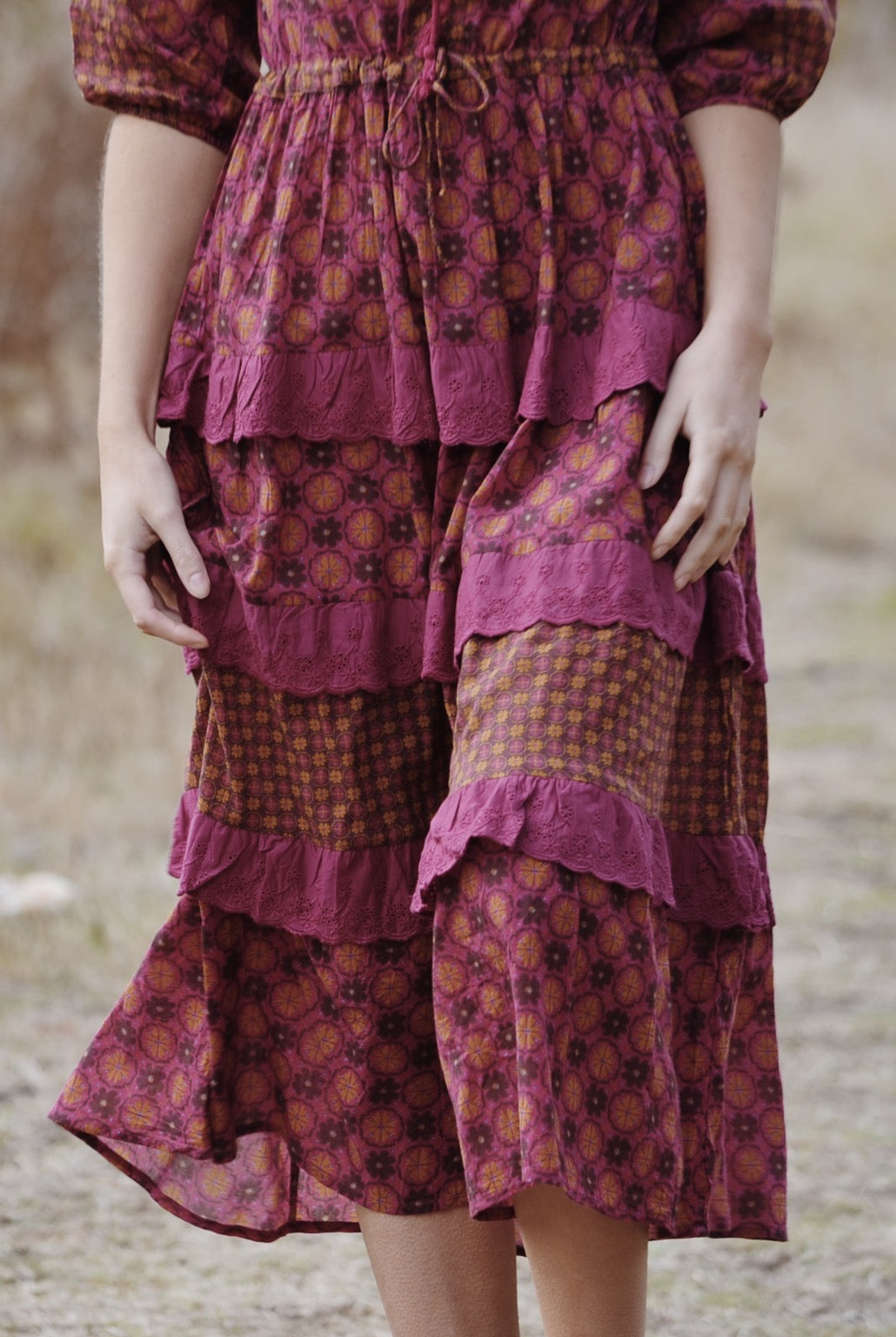 THEA PLUM & MUSTARD FLORAL GEOMETRIC PRINT DRESS