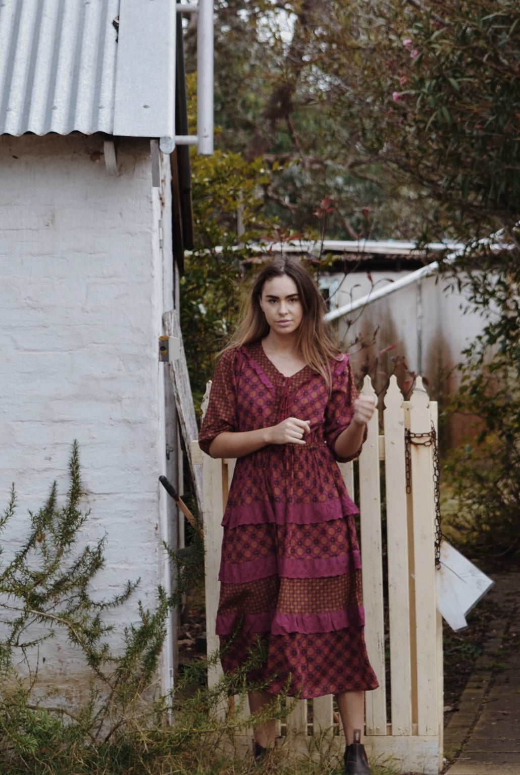 THEA PLUM & MUSTARD FLORAL GEOMETRIC PRINT DRESS