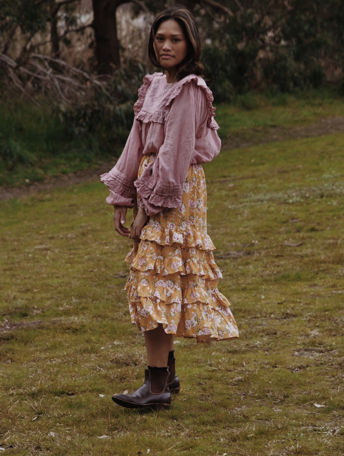 SECOND - POSEY RUFFLE SKIRT GOLD ROSE FLORAL