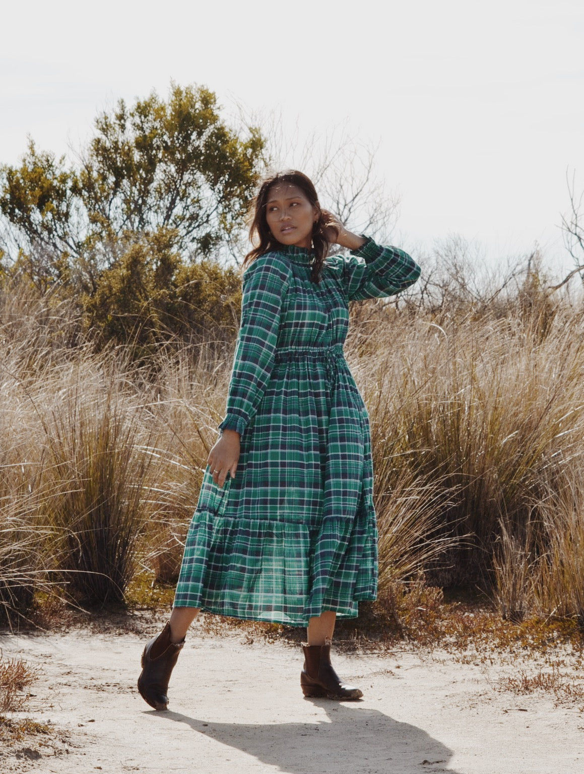 PRAIRIE DRESS PLAID FOREST GREEN PRINT