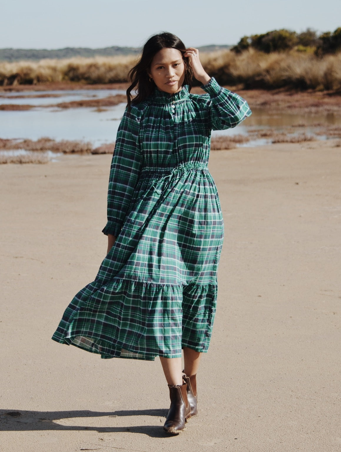 PRAIRIE DRESS PLAID FOREST GREEN PRINT