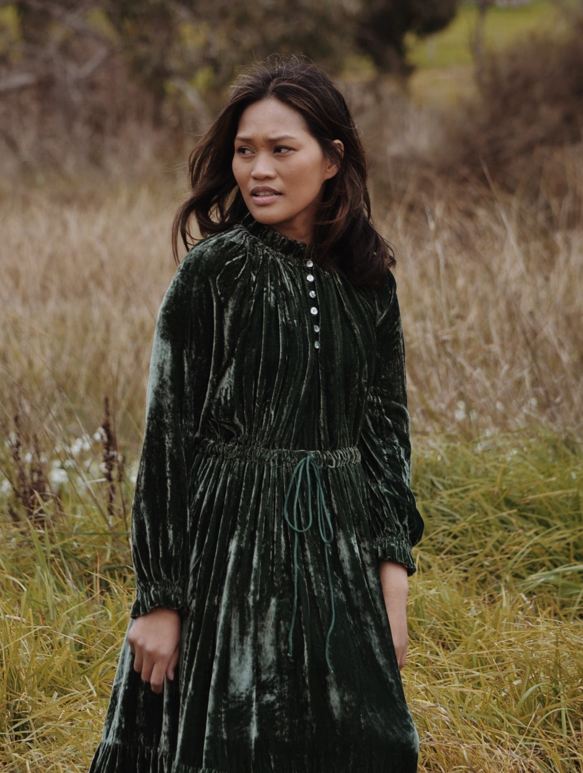 PRAIRIE SILK VELVET DRESS FOREST GREEN
