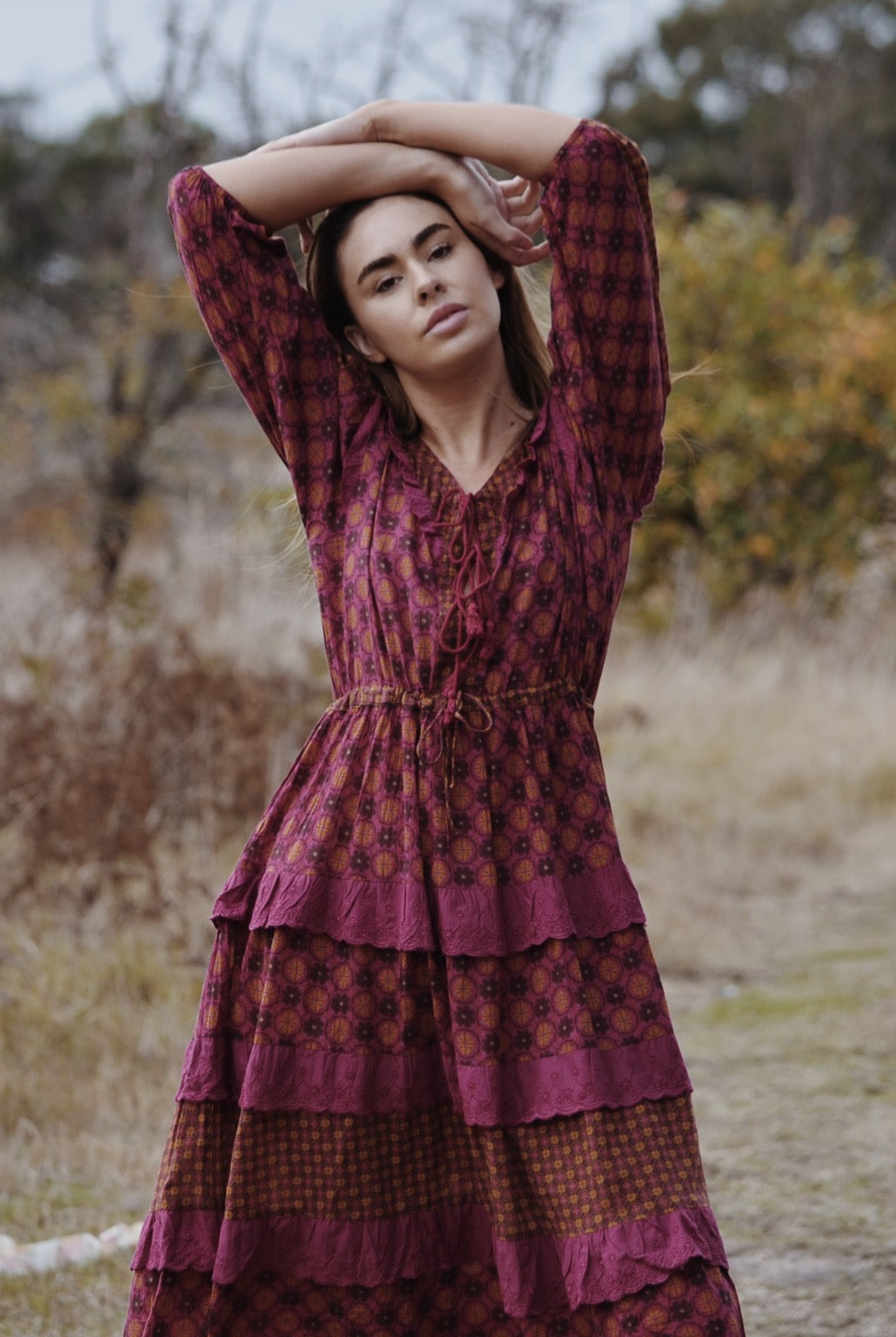 THEA PLUM & MUSTARD FLORAL GEOMETRIC PRINT DRESS