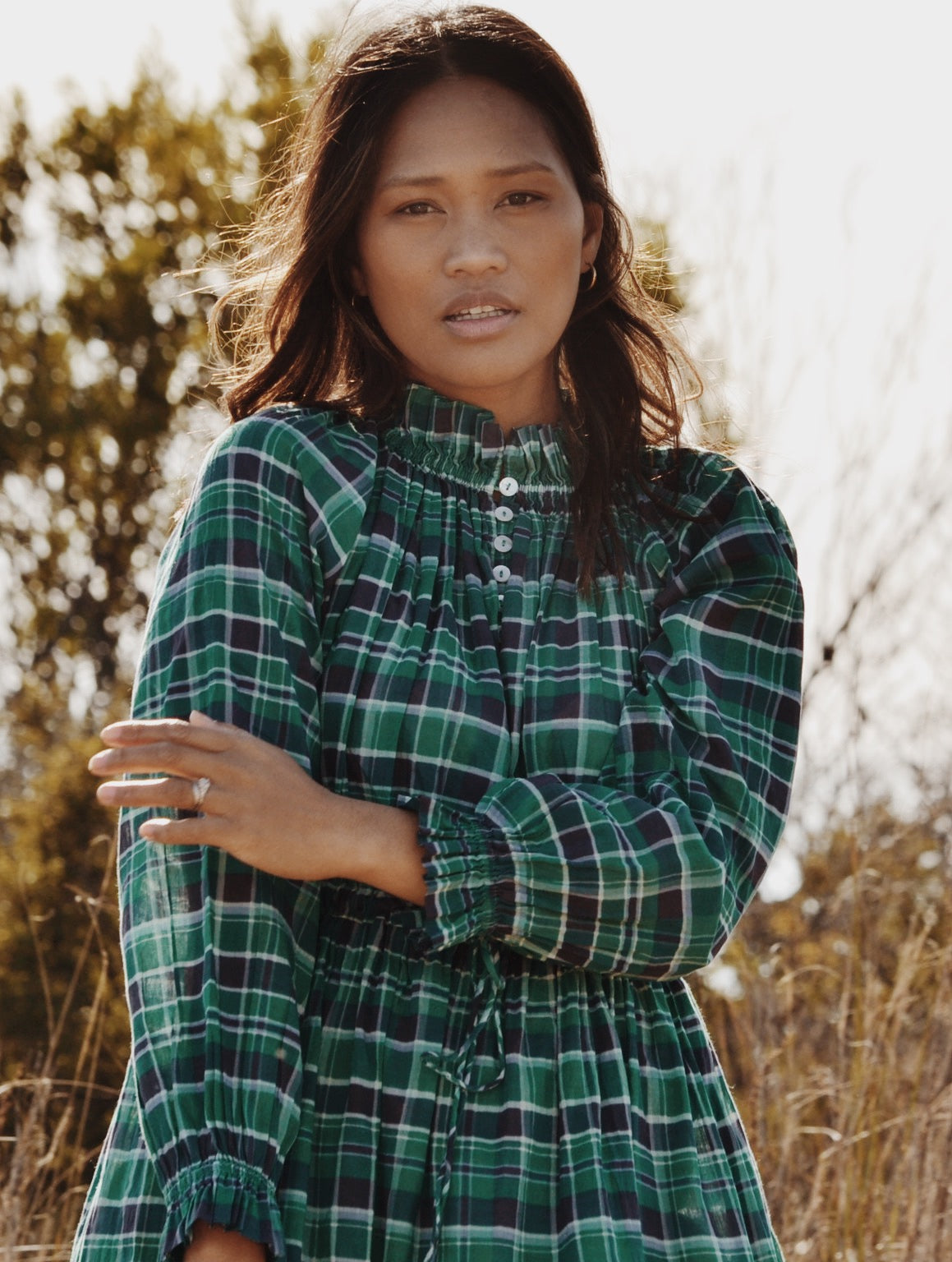 PRAIRIE DRESS PLAID FOREST GREEN PRINT