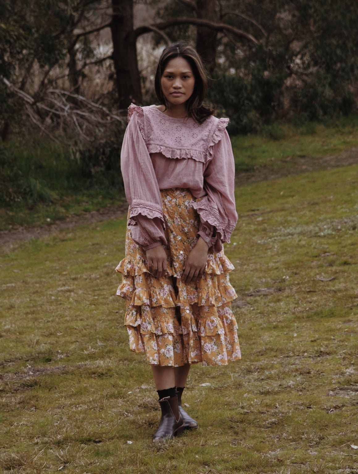 SECOND - POSEY RUFFLE SKIRT GOLD ROSE FLORAL