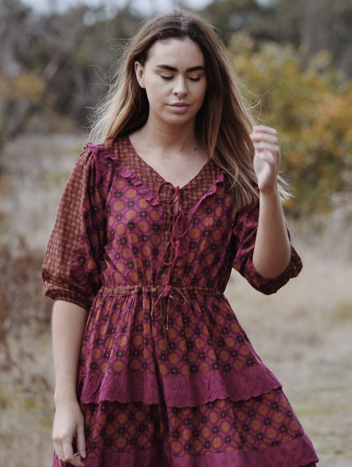 THEA PLUM & MUSTARD FLORAL GEOMETRIC PRINT DRESS