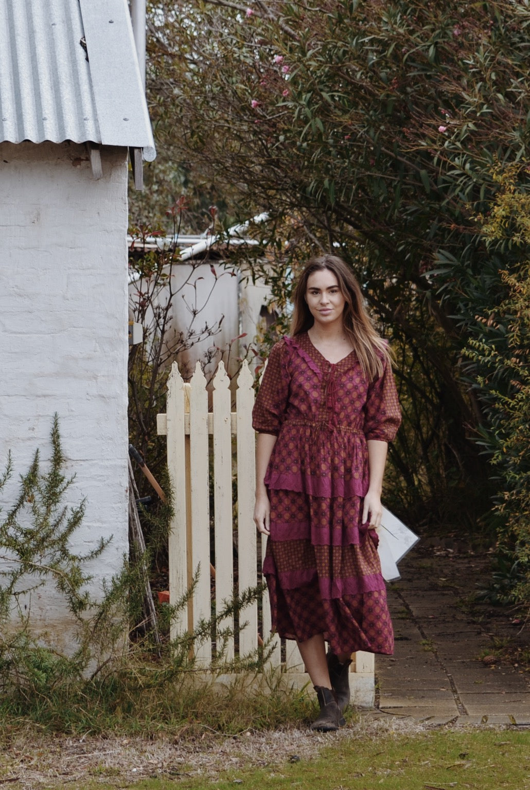 THEA PLUM & MUSTARD FLORAL GEOMETRIC PRINT DRESS