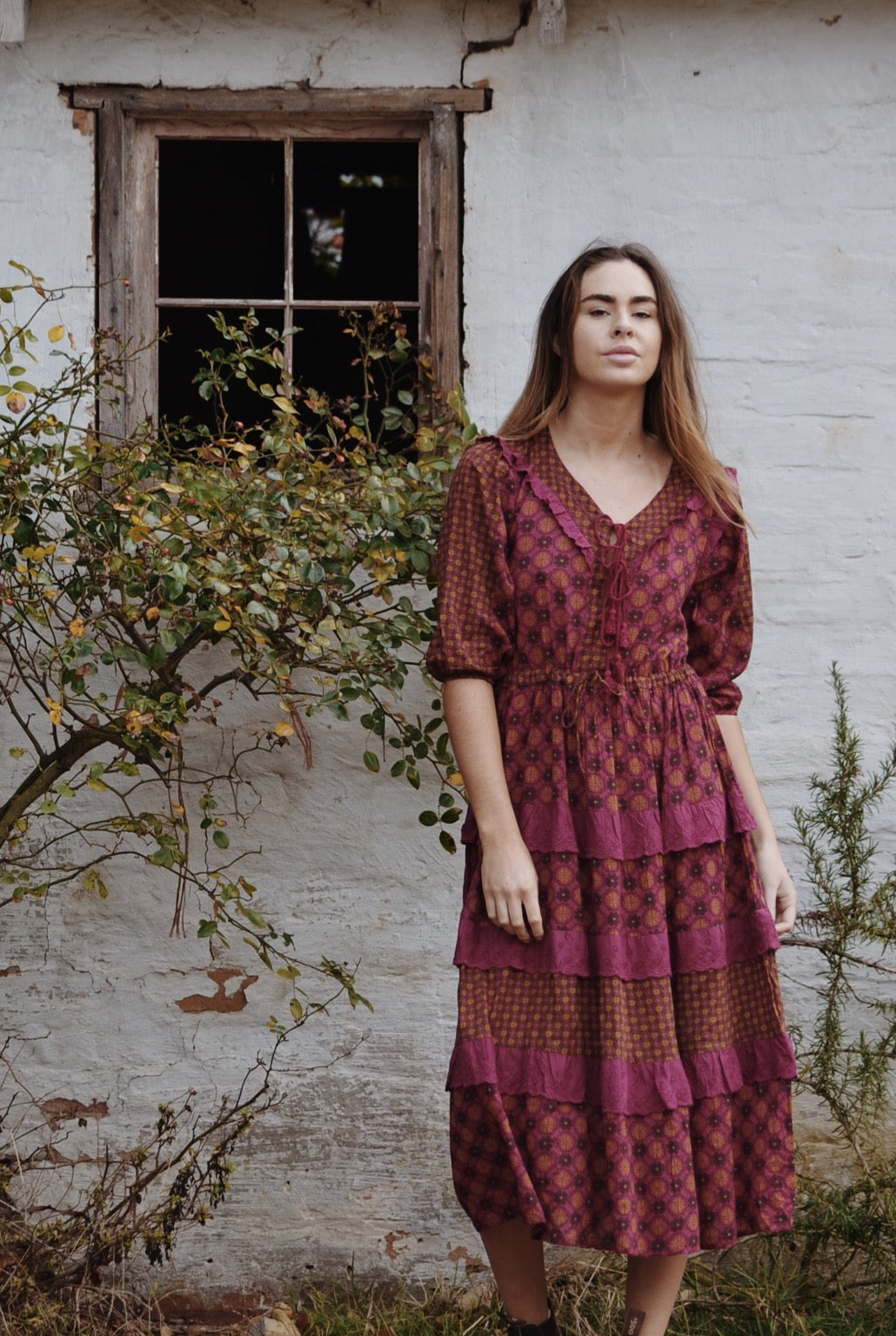 THEA PLUM & MUSTARD FLORAL GEOMETRIC PRINT DRESS