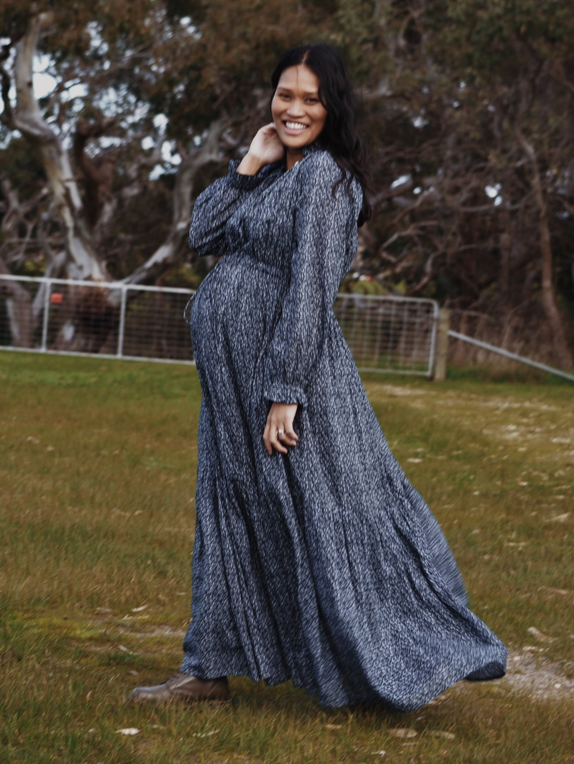 100% RECYCLED COTTON - PRAIRIE MAXI DRESS NAVY FLORAL