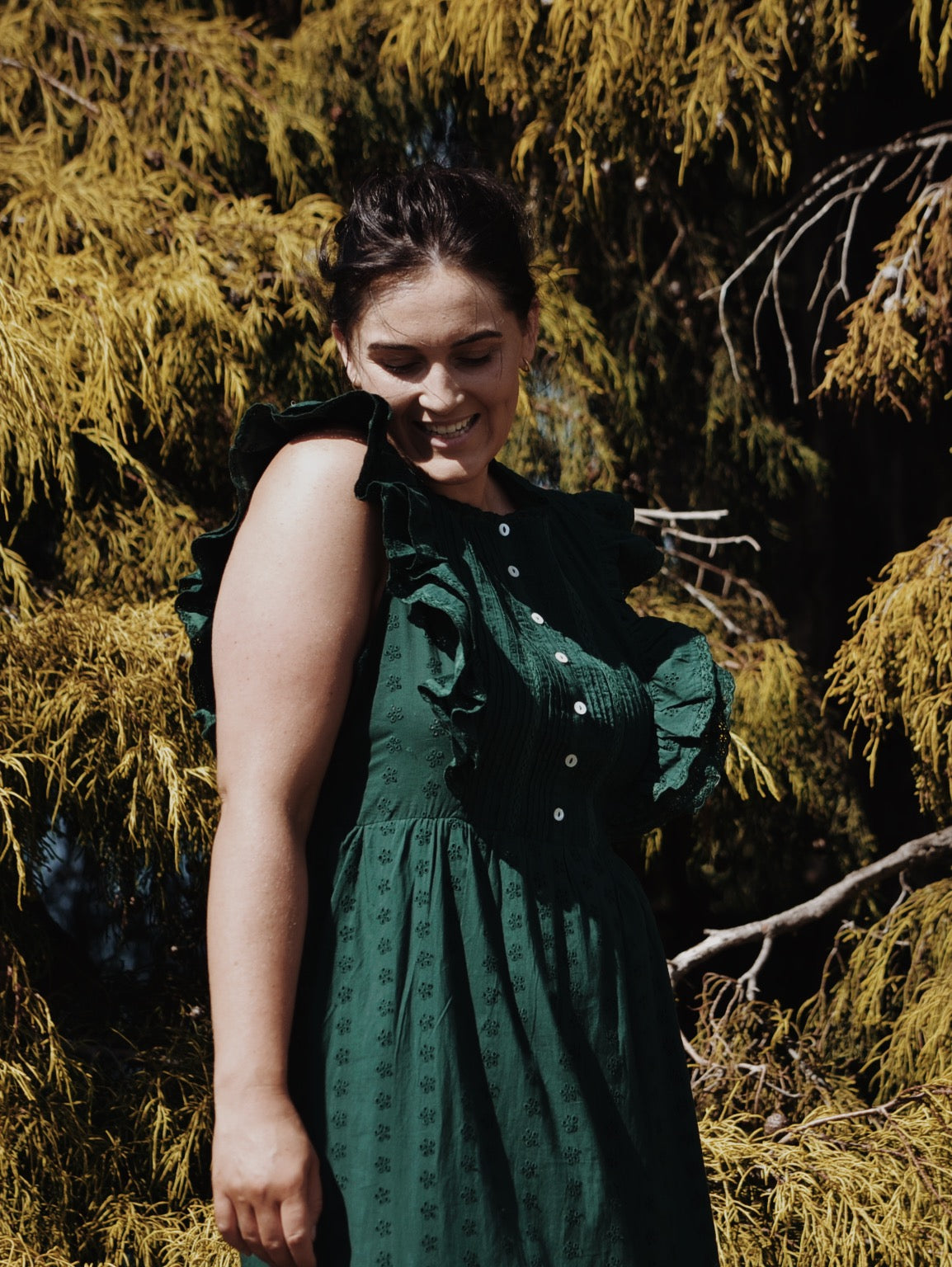 PRELOVED - ARLINGTON DRESS FOREST GREEN BUTTON THROUGH L