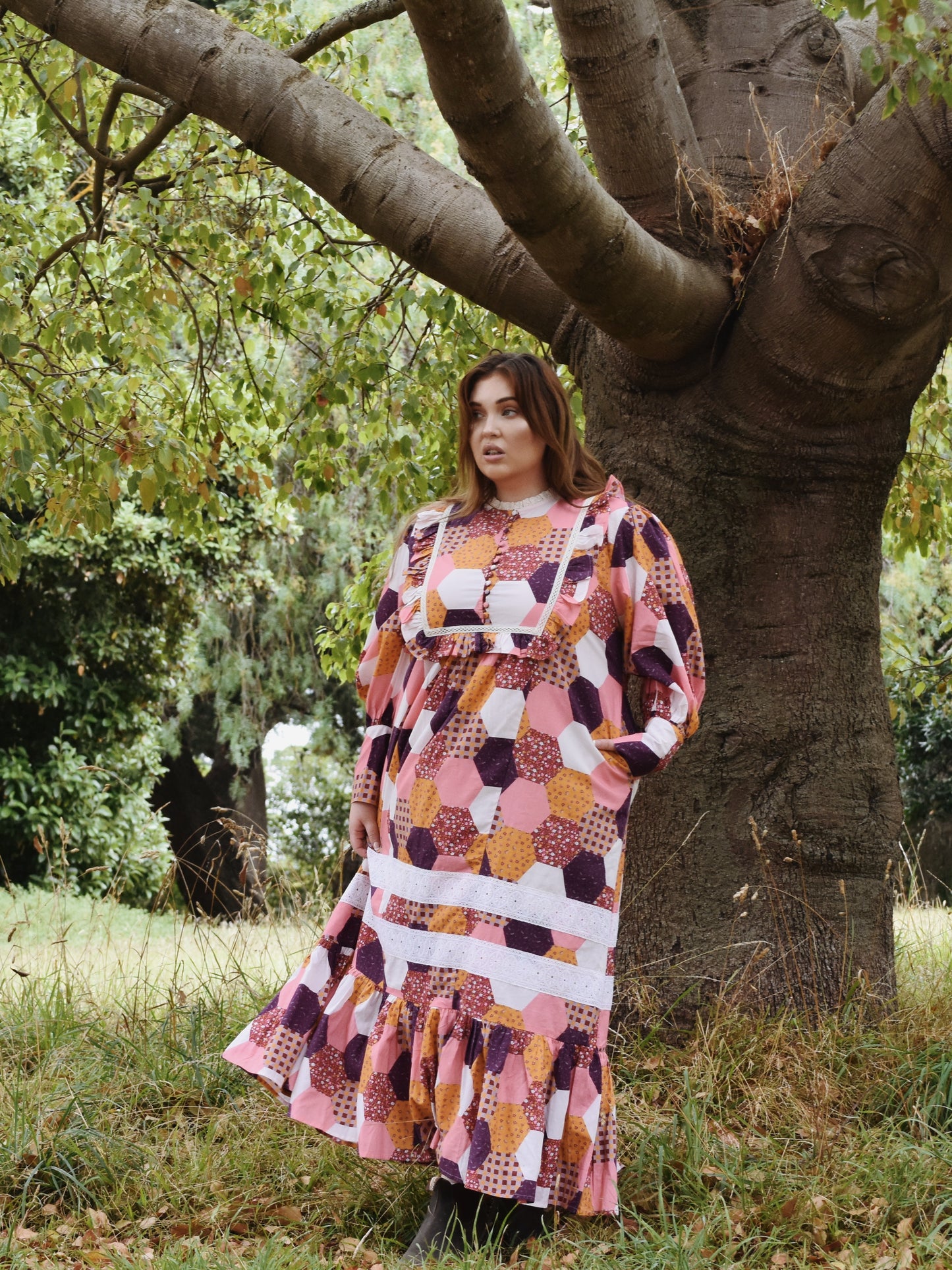 100% RECYCLED COTTON - CLARA DRESS HEXIE PATCHWORK PRINT