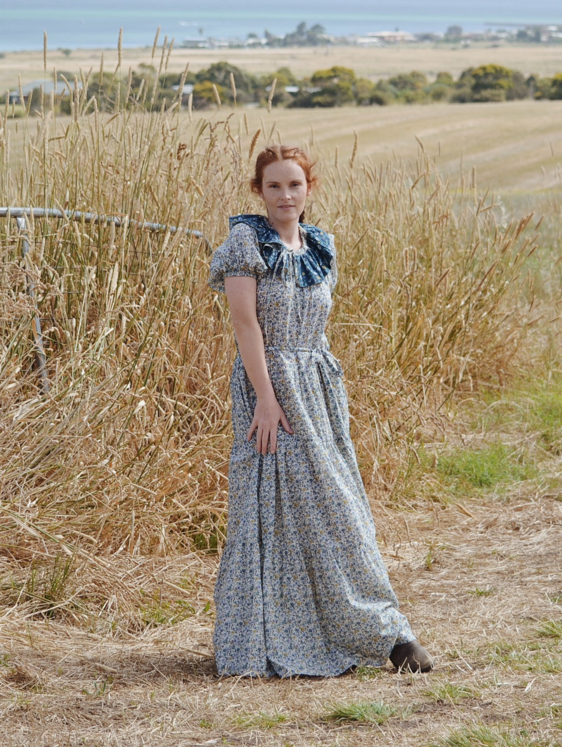 100% RECYCLED COTTON - PIERROT MAXI DRESS BLUE AND YELLOW FLORAL