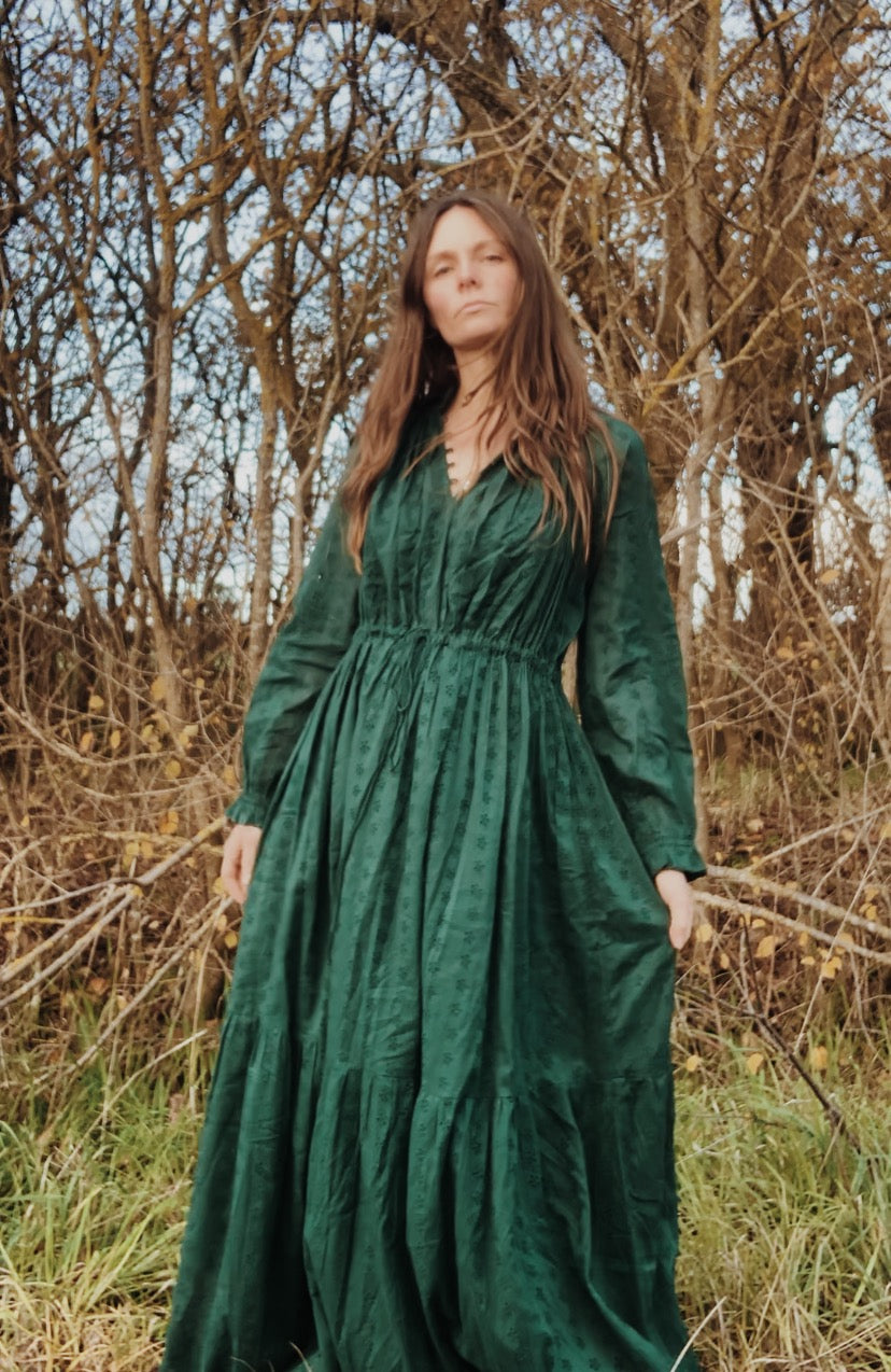 100% RECYCLED COTTON - PRAIRIE MAXI DRESS FOREST GREEN LACE