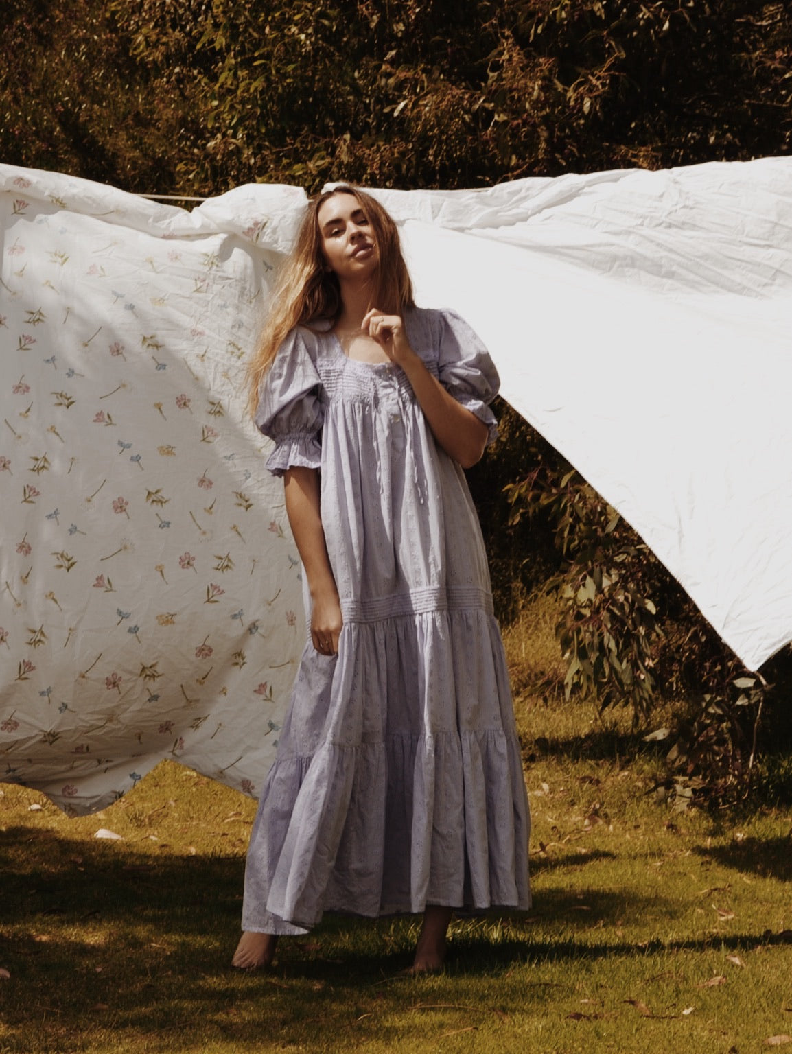 100% RECYCLED COTTON - MORNING SONG HAND SMOCKED TIERED MAXI DRESS - LAVENDER