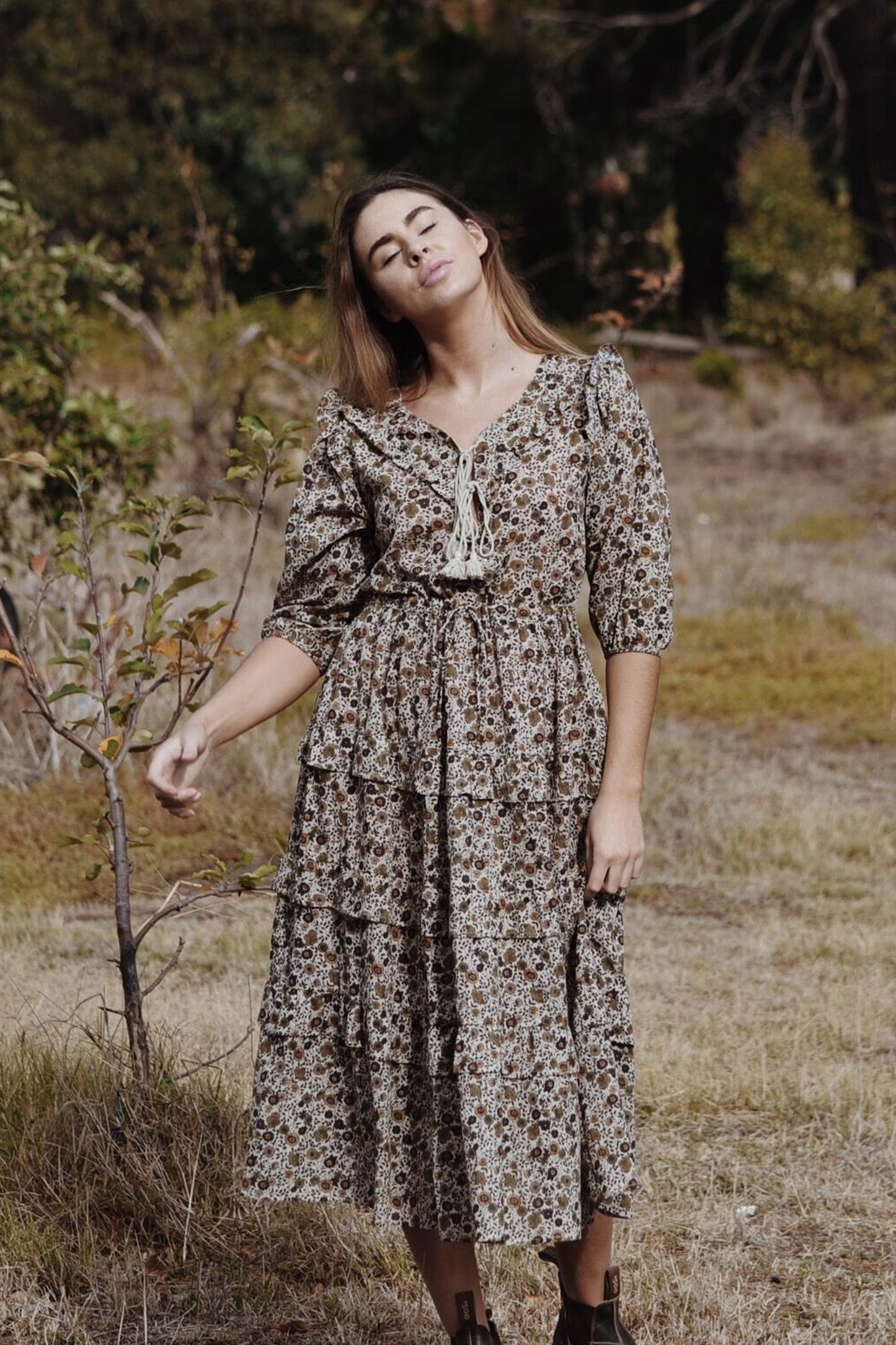 THEA ALMOND BROWN FLORAL DRESS