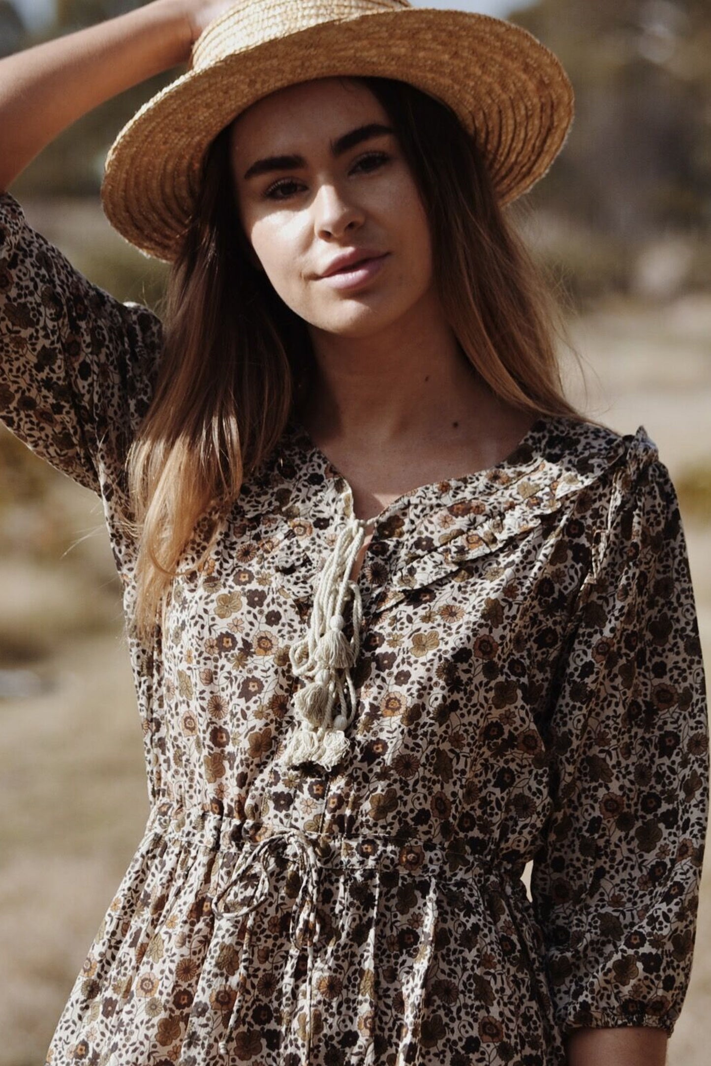 THEA ALMOND BROWN FLORAL DRESS