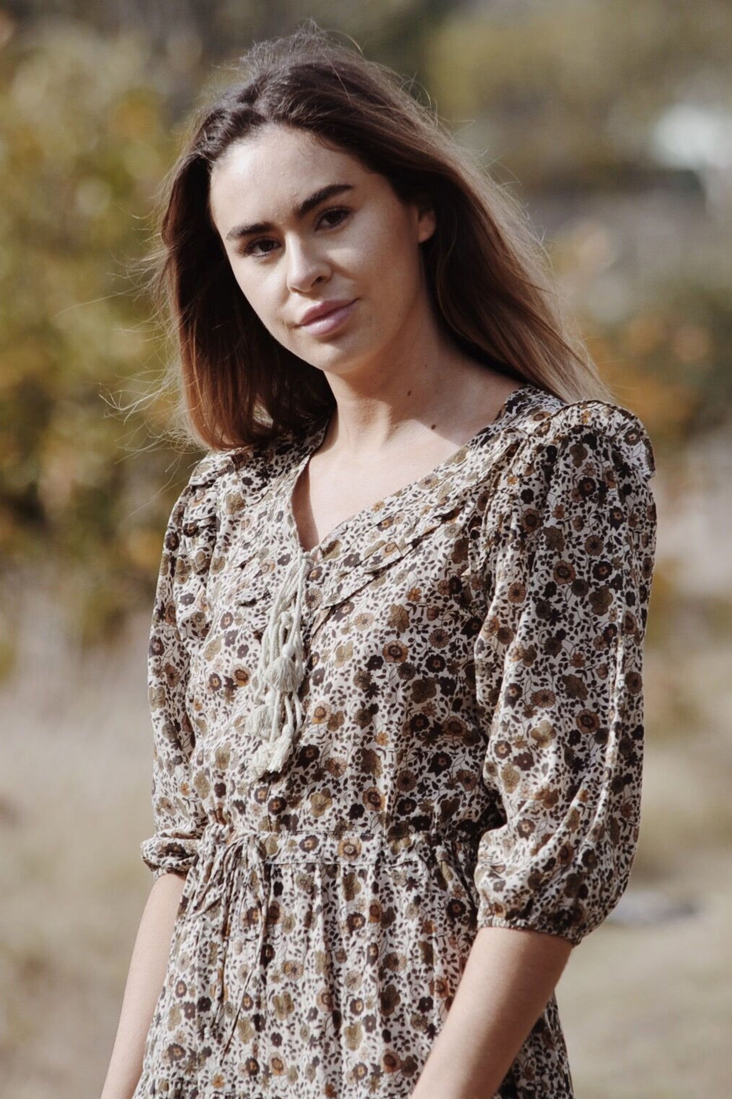 THEA ALMOND BROWN FLORAL DRESS