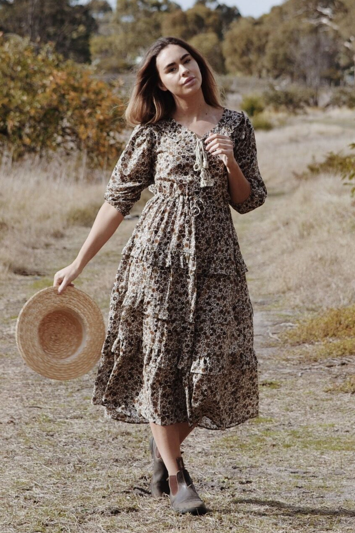 THEA ALMOND BROWN FLORAL DRESS